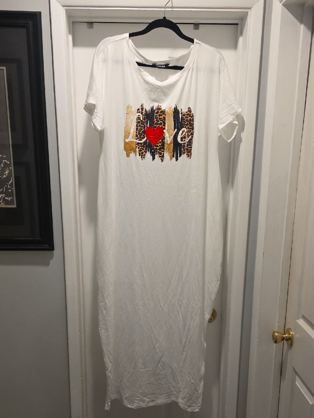 chic White Maxi Dress with Leopard Print Stripes and Red Heart